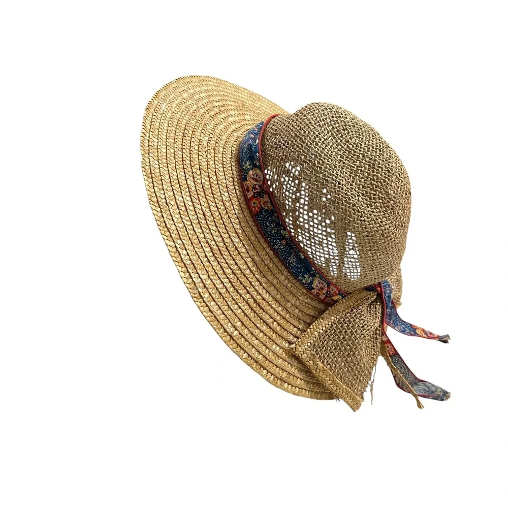 Vintage GitanoCottagecore Natural Straw Sun‎ Hat Floral Print Ribbon Bow Accent